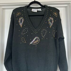 Black V-Neck Sweater with Multicolor Sequin Paisley Embellishment vintage
